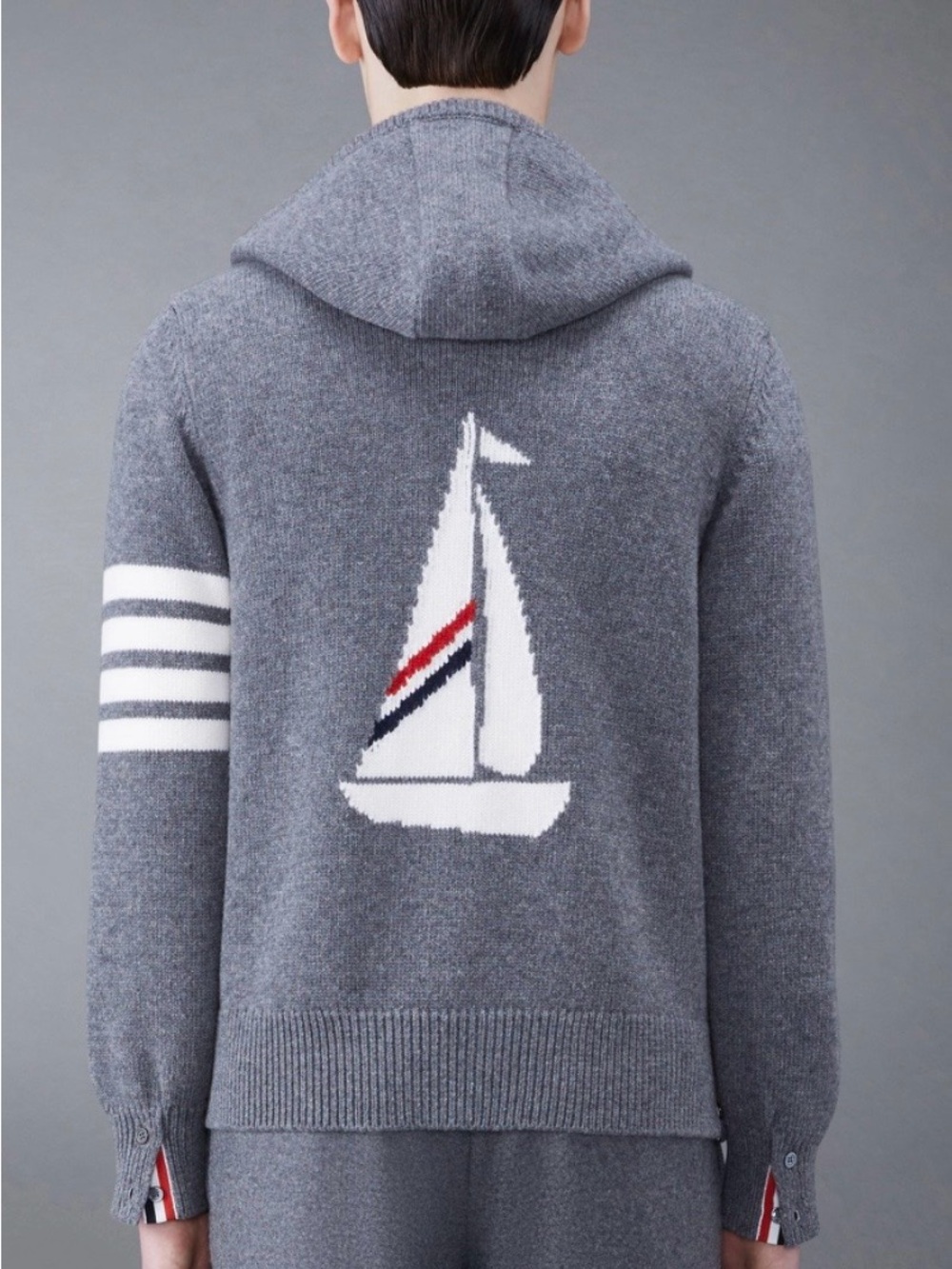 Thom Browne Gray Sailboat Knit Hoodie with Contrasting Stripe - Picture 2 of 8